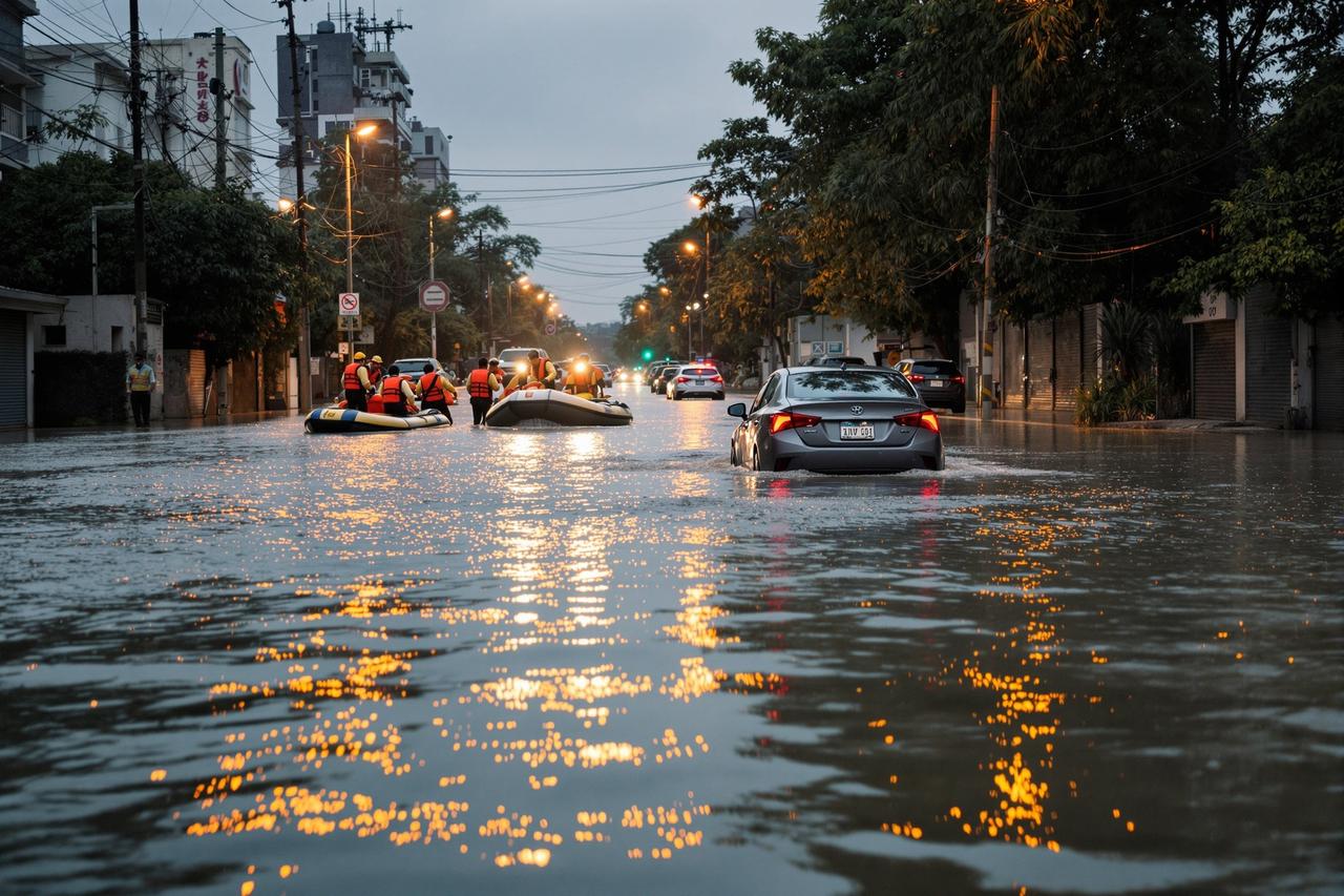 沿海城市遭遇台风暴雨袭击,城区多处严重内涝 沿海城市台风暴雨后严重内涝,救援人员使用冲锋舟转移群众